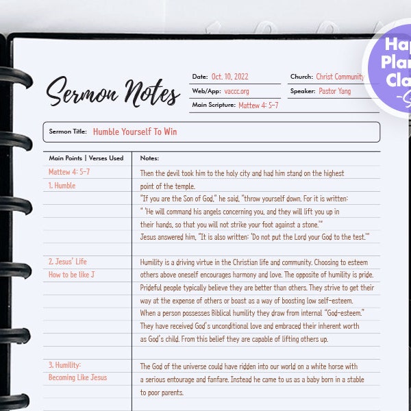 Printable Sermon Notes Sermon Summary Note [The Classic Happy Planner-Sized] Christian Planner 7”x9.25" GoodNotes Sermon Note Templates