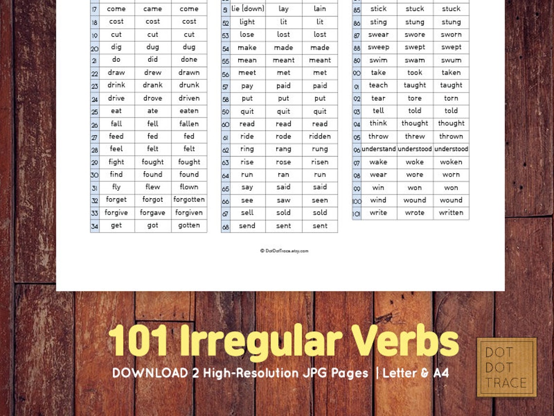 Printable 101 Irregular Verbs Printable Irregular Verb List for English ...