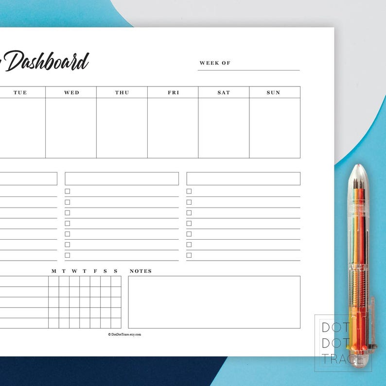 May include: A printable weekly planner dashboard with sections for daily tasks, a to-do list, and notes. The planner has a simple black and white design.