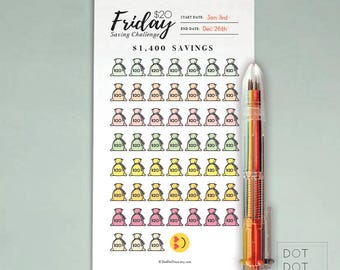 Sobre imprimible para el desafío de ahorro de 52 semanas de 20 dólares para el viernes Hoja de trabajo para el ahorro de dinero con presupuesto semanal Objetivo financiero Ahorro anual