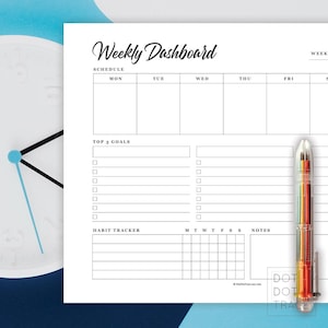 May include: A printable weekly dashboard planner with sections for schedule, top 3 goals, habit tracker, and notes. The planner has a simple, minimalist design with black text on a white background.