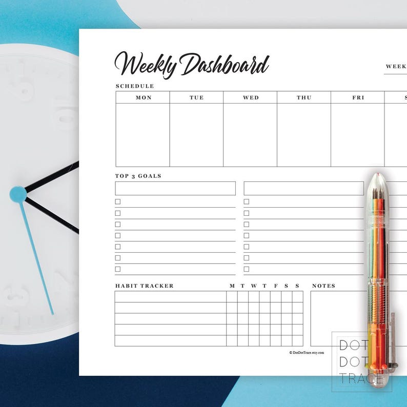 May include: A printable weekly dashboard planner with sections for schedule, top 3 goals, habit tracker, and notes. The planner has a simple, minimalist design with black text on a white background.