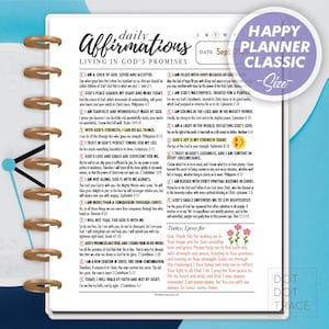 May include: A daily affirmations planner with a floral design. The planner features a pink and green floral illustration with the text "Today, I pray for..." and a prayer. The planner also includes a list of affirmations based on biblical verses.