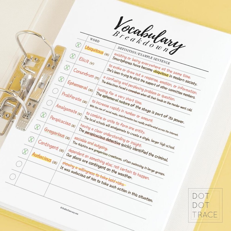 Audacious Example Sentence Printable Vocabulary Breakdown: Vocabulary List & Notes (PDF Download ...
