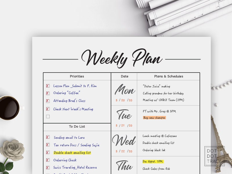 monday start printable weekly planner daily planner 7 day etsy