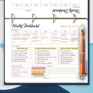 May include: A weekly dashboard planner with a colourful pen, featuring a schedule for the week of 1st to 7th September, with sections for goals, habit tracker, and notes. The planner includes sections for building endurance, improving nutrition and hydration, and enhancing mental toughness.