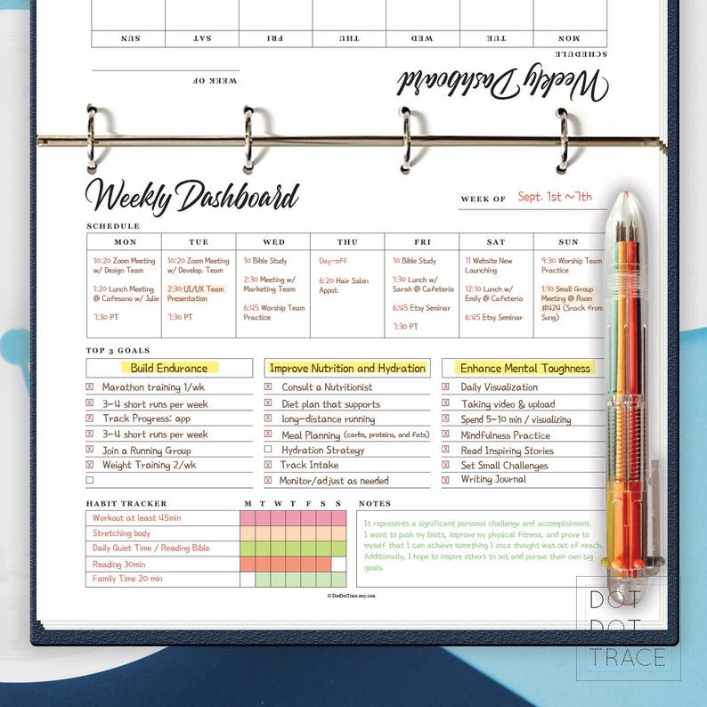 May include: A weekly dashboard planner with a colourful pen, featuring a schedule for the week of 1st to 7th September, with sections for goals, habit tracker, and notes. The planner includes sections for building endurance, improving nutrition and hydration, and enhancing mental toughness.