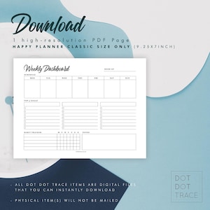 May include: A black and white printable weekly planner page with sections for schedule, top 3 goals, habit tracker, and notes. The page is designed for a Happy Planner Classic size, which is 9.25 inches by 7 inches.