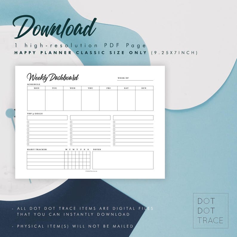 May include: A black and white printable weekly planner page with sections for schedule, top 3 goals, habit tracker, and notes. The page is designed for a Happy Planner Classic size, which is 9.25 inches by 7 inches.