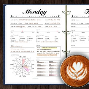 May include: A coffee tasting journal page with a flavour wheel, rating scale, and notes section. The page is filled out with information about a specific coffee, including the name, origin, roast date, and brew method. A cup of coffee with latte art is shown in the bottom right corner.