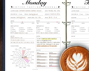 Puede incluir: Una página de diario de cata de café con una rueda de sabores, una escala de calificación y una sección de notas. La página está llena de información sobre un café específico, incluyendo el nombre, el origen, la fecha de tueste y el método de preparación. Una taza de café con arte latte se muestra en la esquina inferior derecha.