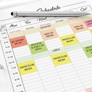 May include: A weekly schedule planner with a grid layout and colorful sticky notes. The notes list various activities, including stretching, jogging, art history, political science, physics lab, and math. The planner is labeled with the days of the week: Monday, Tuesday, Wednesday, and Saturday.