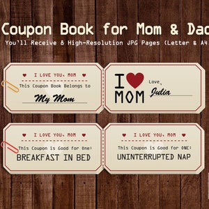 Printable Coupon Book for Mom &amp; Dad Coupon Book for Parents Coupon Book ...