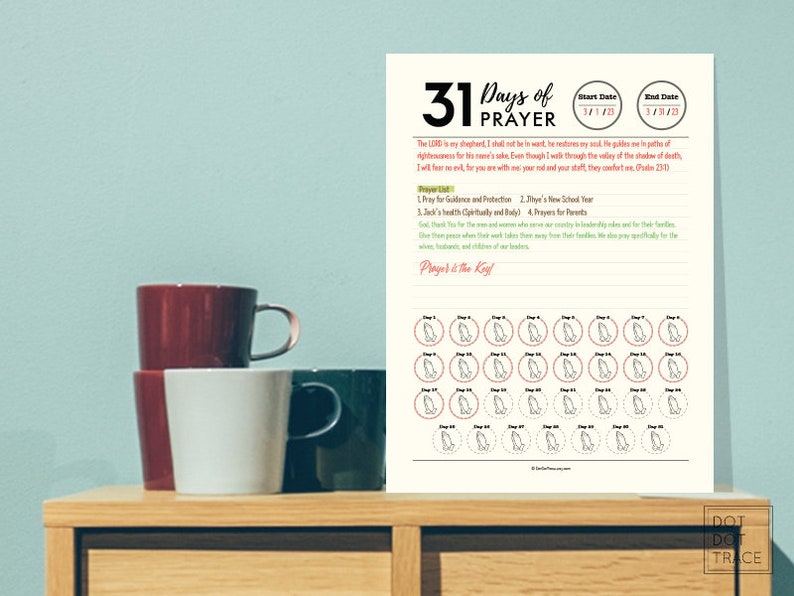 May include: Printable 31 Days of Prayer journal with a black and white illustration of praying hands. The journal includes a start date of 3/1/25 and an end date of 3/1/25. The text "Prayer is the Key" is written in green.