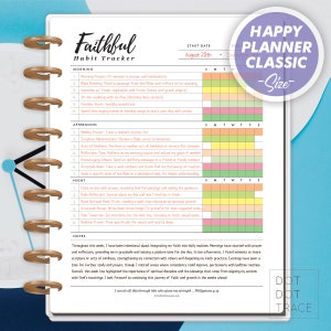 May include: A printable planner page with a colorful grid layout for tracking daily habits. The page is titled "Faithful Habit Tracker" and includes sections for morning, afternoon, and night activities. The planner is designed to help users integrate their faith into their daily routines.