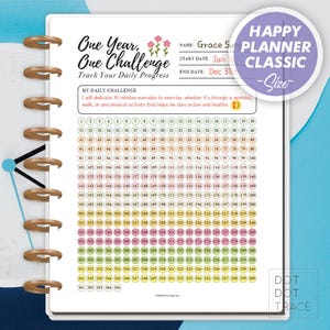 Printable One Year, One Challenge [Happy Planner Classic] 365 Day Daily Challenge Tracker 365 Day Checklist Daily Goal Tracker Yearly Goals