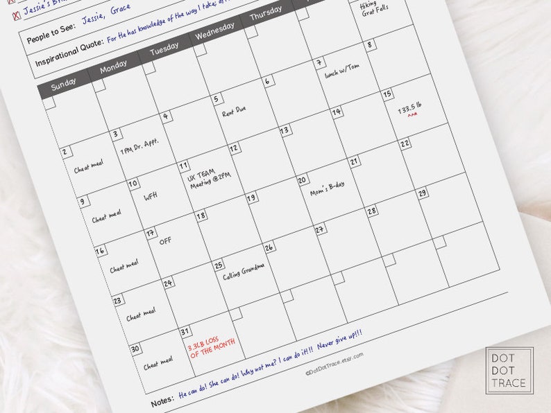 May include: A black and white monthly calendar planner with a grid layout. The calendar has a section for notes at the bottom and includes the text "He can do! She can do! Why not me? I can do it!!! Never give up!!!"