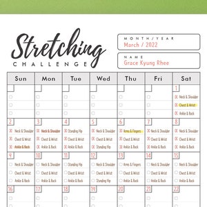 Afdrukbare maandelijkse stretching challenge Stretch your body flexibility challenge GoodNotes daily stretching challenge template JPG download