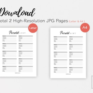 May include: Two printable password list pages, one in letter size and one in A4 size. Each page has a title that says "Password List" and is divided into two columns with spaces for website, username, password, and notes.