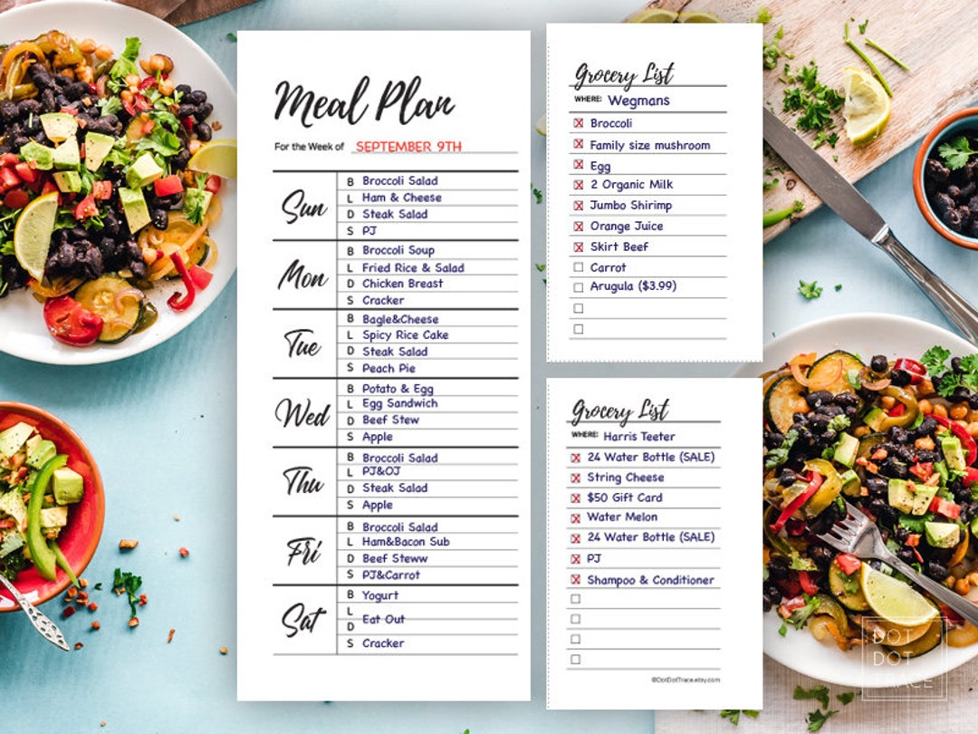 Sunday Start Printable Weekly Meal Planner &amp; Grocery List (letter and A4) Printable Meal Planner ...