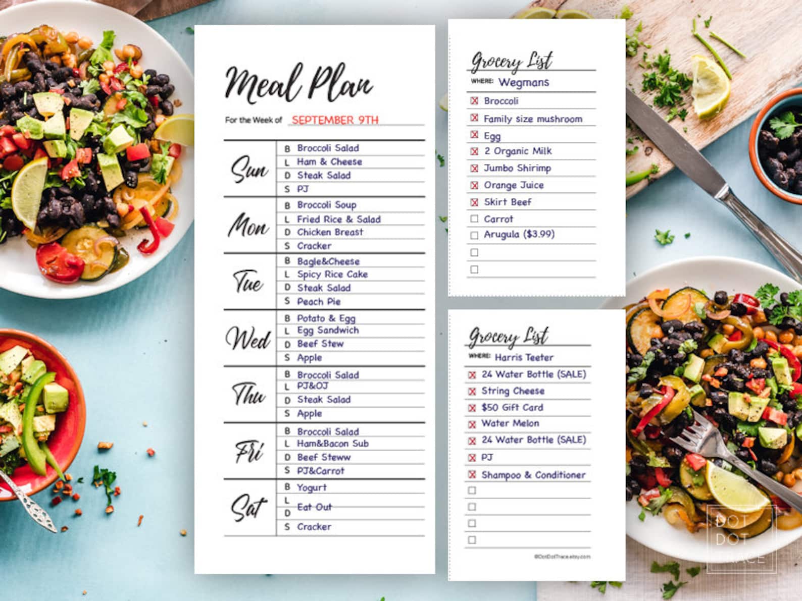 Sunday Start Printable Weekly Meal Planner &amp; Grocery List - Etsy