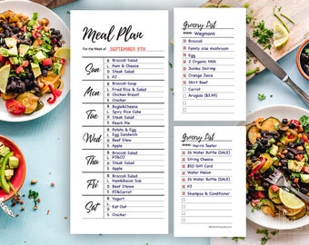 May include: A weekly meal plan for the week of September 9th with a grocery list for Wegmans and Harris Teeter. The meal plan includes breakfast, lunch, dinner, and snacks. The grocery list includes items such as broccoli, family size mushrooms, eggs, organic milk, jumbo shrimp, orange juice, skirt beef, carrots, arugula, water bottles, string cheese, gift cards, watermelons, PJ, and shampoo and conditioner.