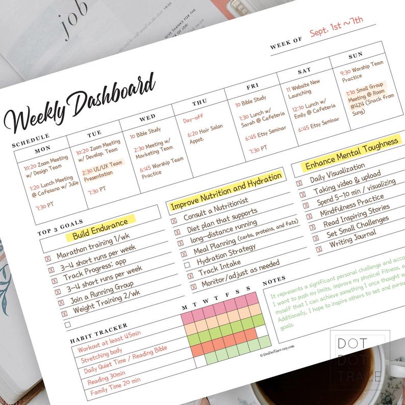 May include: A weekly planner with a yellow highlighted section titled "Top 3 Goals" and a list of goals including "Build Endurance". The planner also includes a section titled "Habit Tracker" with a list of habits to track, such as "Workout at least 45min" and "Stretching body". The planner is designed for the week of September 1st to 7th.