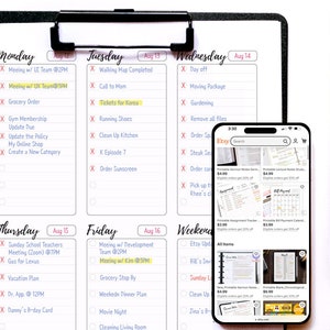 May include: A weekly planner with a daily to-do list for each day of the week. The planner is open to the week of August 12th to August 16th. The planner is on a white background with black lines and text. The planner is next to a smartphone displaying a screen with a list of printable digital products for sale on Etsy. The products include printable notes, planners, and trackers. The products are all in black and white with a minimalist design.