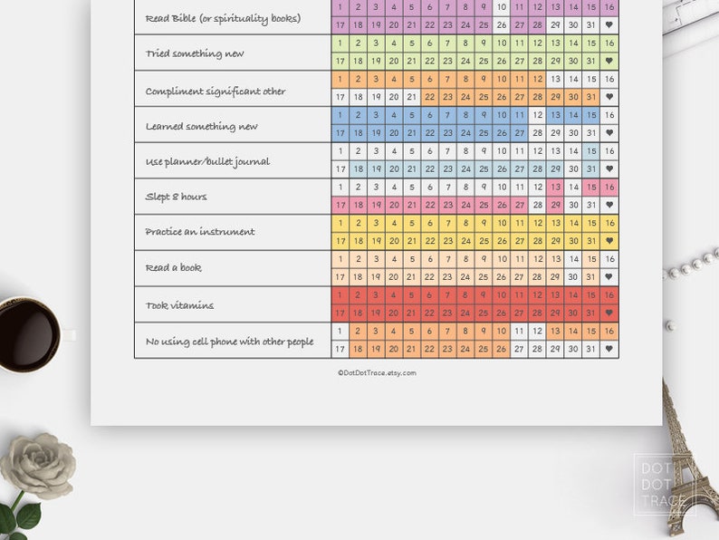 Pode incluir: Um rastreador de h&aacute;bitos imprim&iacute;vel com uma lista de atividades para acompanhar, incluindo ler a B&iacute;blia, tentar algo novo, elogiar outra pessoa significativa, aprender algo novo, usar um planejador, dormir 8 horas, praticar um instrumento, ler um livro, tomar vitaminas e n&atilde;o usar o celular com outras pessoas. O rastreador tem uma grade de calend&aacute;rio com os n&uacute;meros de 1 a 31, e cada atividade tem um &iacute;cone de cora&ccedil;&atilde;o ao lado.