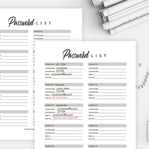May include: A printable password list with a black and white design. The list includes sections for website, username, password, email, and notes. The text "Password List" is written in cursive at the top of the page.