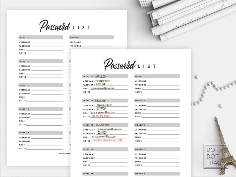 May include: A printable password list with a black and white design. The list includes sections for website, username, password, email, and notes. The text "Password List" is written in cursive at the top of the page.