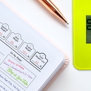 May include: A close-up of a weight loss journal with a digital scale. The journal has a weight tracker with a starting weight of 135.5 pounds, a goal weight of 133 pounds, and an ending weight of 132.2 pounds. The journal also has a section for "On My Radar" with the text "Grace's birthday" and "Grace's Graduation: 7.3 12pm". The journal also has a section for "Blog of You Tube".