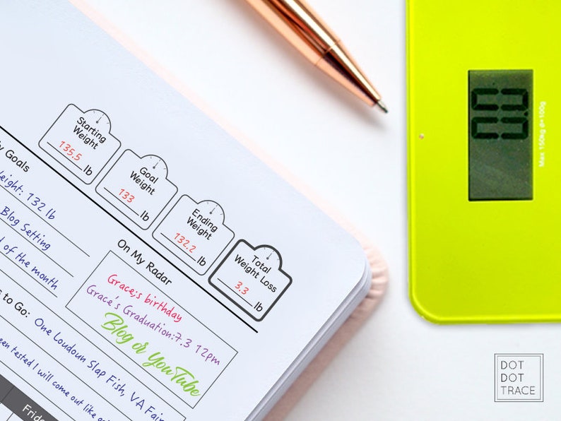 May include: A close-up of a weight loss journal with a digital scale. The journal has a weight tracker with a starting weight of 135.5 pounds, a goal weight of 133 pounds, and an ending weight of 132.2 pounds. The journal also has a section for "On My Radar" with the text "Grace's birthday" and "Grace's Graduation: 7.3 12pm". The journal also has a section for "Blog of You Tube".