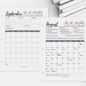 May include: Black and white printable calendar pages for August and September. The August page has handwritten notes in blue, red, and purple ink. The September page is blank.