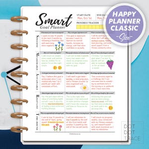 May include: A printable planner page with a pink, blue, and green floral design. The page is titled "Smart Goal Planner" and includes a section for setting SMART goals. The page also includes a progress tracker.