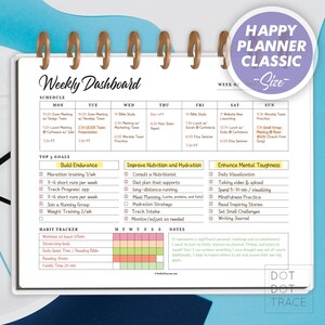 Op de afbeelding: Een weekplanner met een kleurrijk dashboard en een gewoontetracker. De planner bevat secties voor planning, doelstelling en gewoontetracking. De planner is ontworpen om gebruikers te helpen georganiseerd te blijven en hun doelen te bereiken.