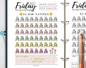 Printable 20 Dollar Friday 52-Week Savings Challenge Tracker Weekly Budgeting & Money Saving Worksheet Financial Goal Setting Annual Savings
