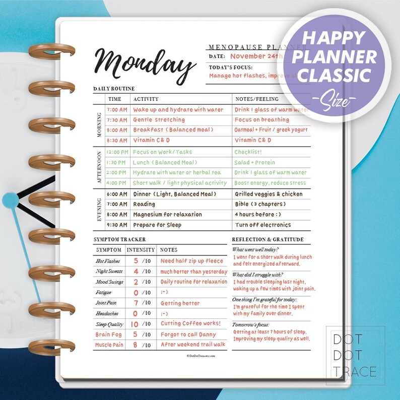 Puede incluir: Una p&aacute;gina de planificador imprimible con un fondo azul claro y un encabezado rosa que dice "Happy Planner Classic - Size". La p&aacute;gina est&aacute; dividida en secciones para la rutina diaria, el seguimiento de los s&iacute;ntomas y la reflexi&oacute;n y la gratitud. La secci&oacute;n de la rutina diaria incluye franjas horarias para las actividades y las notas. La secci&oacute;n de seguimiento de los s&iacute;ntomas incluye una lista de s&iacute;ntomas y un espacio para la intensidad y las notas. La secci&oacute;n de reflexi&oacute;n y gratitud incluye indicaciones para la reflexi&oacute;n y la gratitud.