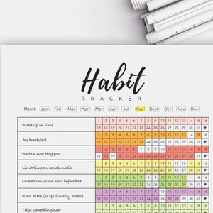 Pode incluir: Um rastreador de h&aacute;bitos imprim&iacute;vel com uma grade de calend&aacute;rio colorida. O rastreador inclui uma lista de h&aacute;bitos para rastrear, como acordar no hor&aacute;rio, tomar caf&eacute; da manh&atilde;, escrever uma postagem de blog, limitar o tempo nas redes sociais e ler a B&iacute;blia.