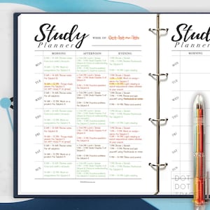 May include: A weekly study planner with a black and white design. The planner has sections for Monday through Sunday, with columns for morning, afternoon, and evening. The planner includes space for writing tasks, appointments, and notes. The planner is titled "Study Planner" and the week is "Oct 1st ~ 7th".