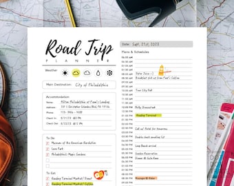 May include: A printable road trip planner with a yellow sun, a partly cloudy sky, a cloudy sky, a raindrop, and a snowflake icon for weather. The planner includes sections for accommodation, to do, and to eat. The main destination is listed as City of Philadelphia. The date is Sept. 21st, 2023. The planner includes a list of activities and times for the day.