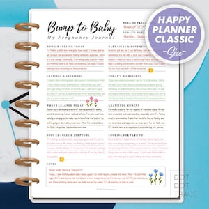 May include: A printable pregnancy journal with a blue and white floral design. The journal includes sections for tracking how you're feeling, cravings, baby kicks, highlights, gratitude, and what you're looking forward to. The text "Bump to Baby" is at the top of the page.