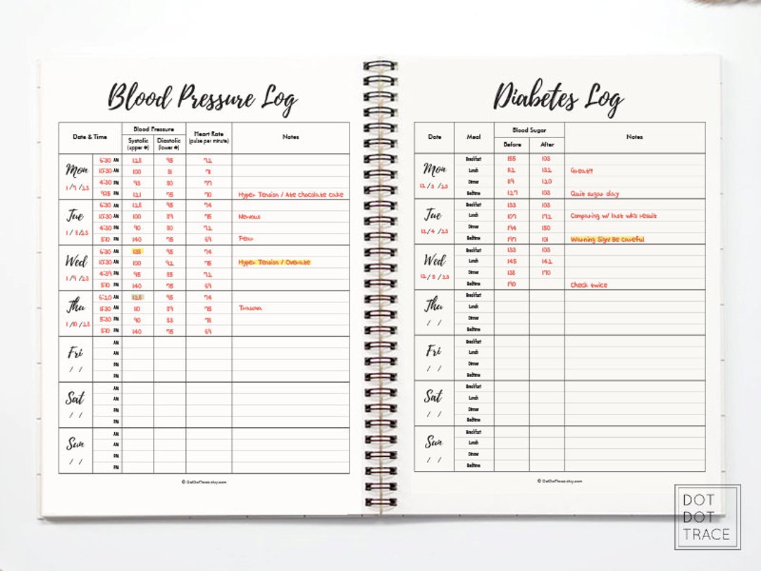 Printable Blood Pressure Log+diabetes Log Template Set Daily Blood ...