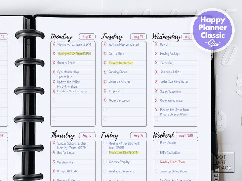 May include: A weekly planner with a purple Happy Planner Classic - Size label. The planner has a black and white design with a grid layout. The planner is open to the week of August 12th through August 18th. Each day has a list of tasks and appointments. The planner has a black coil binding.