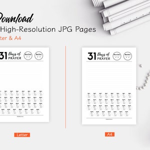 May include: Printable 31 Days of Prayer tracker with a black and white design. The tracker includes a space for daily prayer and a section with 31 prayer icons. The printable is available in Letter and A4 sizes.
