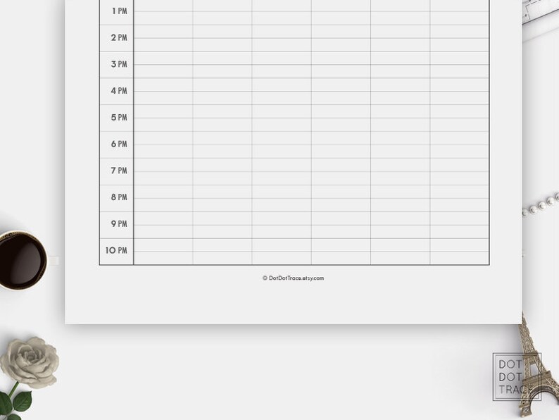 May include: A blank printable daily schedule template with a grid layout. The schedule is for the hours of 1 PM to 10 PM. The template is designed for use with a planner or journal.