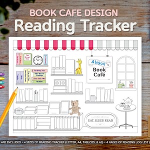 Libro Cafe diseñado lectura rastreador de lectura estantería 60 libros para leer la familia lectura registro lectura desafío para colorear carta, tabloide, A4, A3