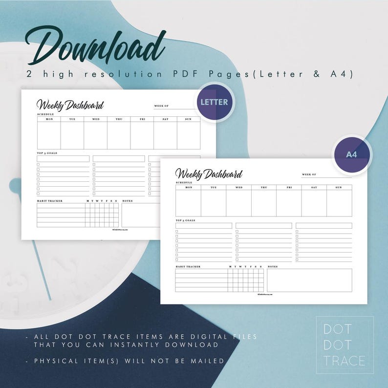 May include: Two printable weekly planner pages in letter and A4 sizes. Each page features a schedule, top 3 goals, habit tracker, and notes sections. The pages are designed with a minimalist aesthetic and are perfect for organising your week.