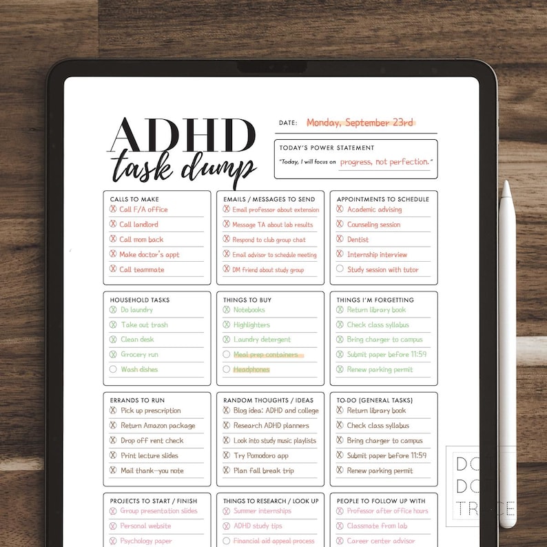 May include: A digital planner on a tablet screen with the title "ADHD task dump." The planner includes sections for calls, emails, appointments, household tasks, errands, and to-do lists. A stylus rests on the right side of the screen.