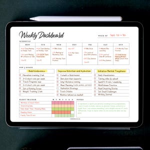 May include: A weekly dashboard planner with a yellow, pink, and green color scheme. The planner includes sections for schedule, top 3 goals, habit tracker, and notes. The planner is designed to help people stay organized and on track with their goals.